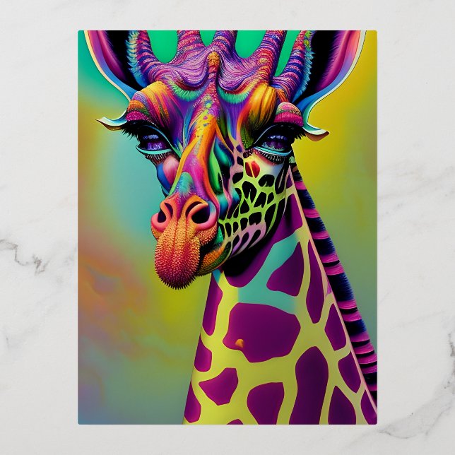 Giraffe Psychedelic Fantasy Character Portrait Foil Holiday Postcard (Front)