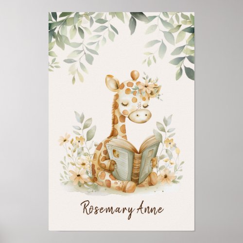 Giraffe Reading Books Nursery Jungle Animal  Poster