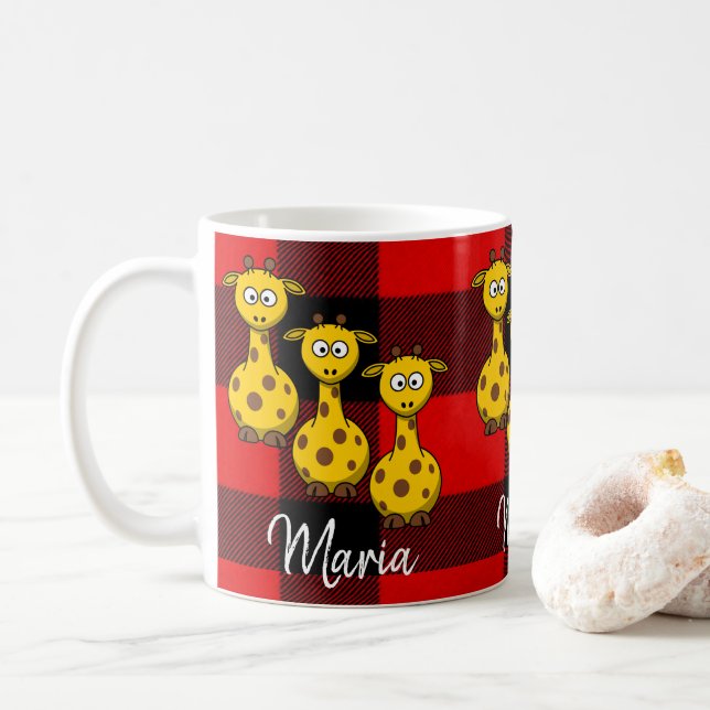 Giraffe Red Black Plaid Mug (With Donut)