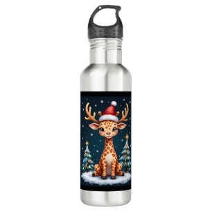 Giraffe Reindeer Hat Santa Christmas Tree Funny Xm Stainless Steel Water Bottle
