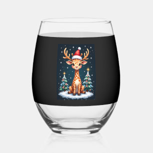 Giraffe Reindeer Hat Santa Christmas Tree Funny Xm Stemless Wine Glass