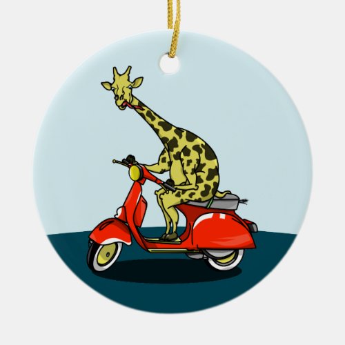 Giraffe riding a moped motorcycle ceramic ornament
