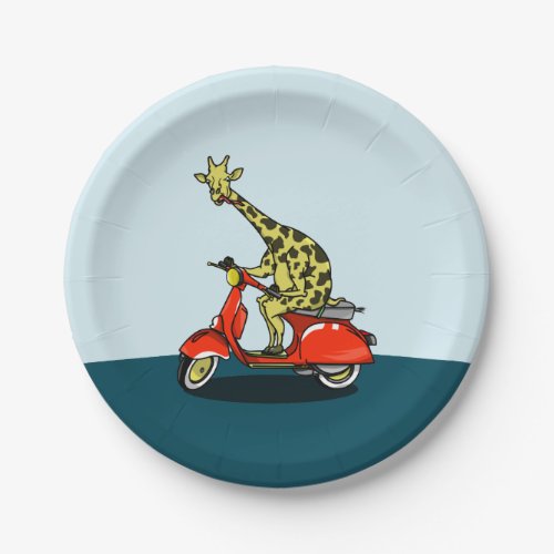 Giraffe riding a moped motorcycle paper plates