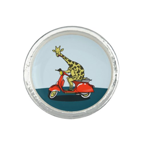 Giraffe riding a moped motorcycle ring