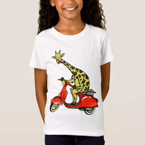 Giraffe riding a moped motorcycle T_Shirt