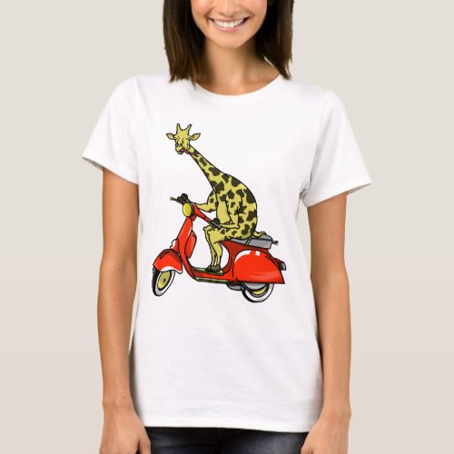 Giraffe riding a moped motorcycle T_Shirt
