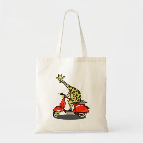 Giraffe riding a moped motorcycle tote bag
