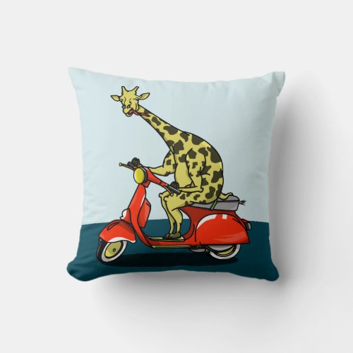 Giraffe riding a motorcycle motorbike throw pillow