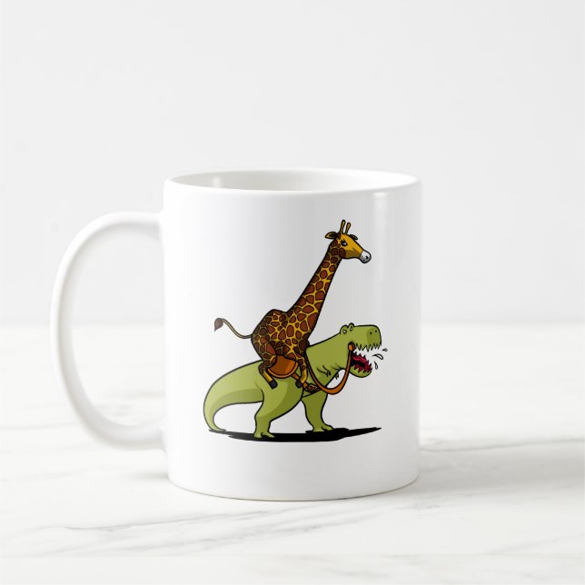 Giraffe Riding T-Rex Dinosaur Funny Animals Coffee Mug (Left)