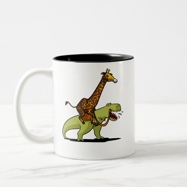 Giraffe Riding T-Rex Dinosaur Funny Animals Two-Tone Coffee Mug (Left)