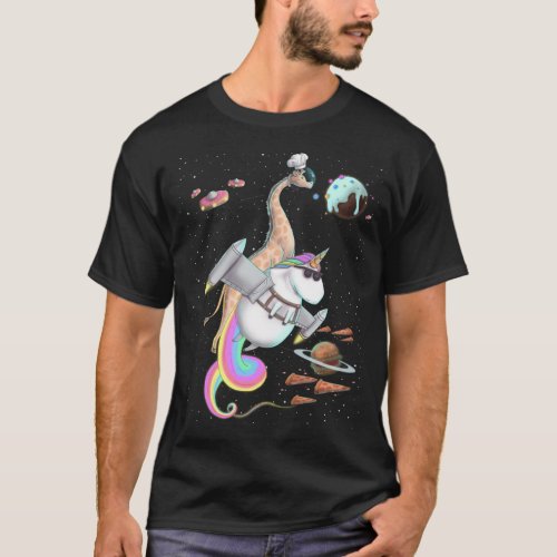 Giraffe Riding Unicorn Food Pizza Space Party Plan T_Shirt