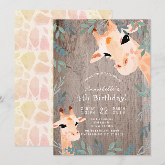 Giraffe Rustic Wood Greenery Birthday Invitation (Front/Back)