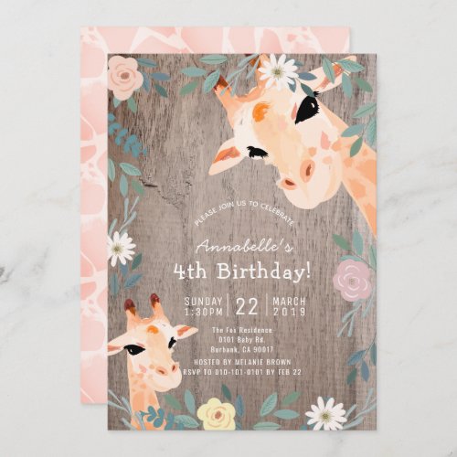 Giraffe Rustic Wood Pink Floral Birthday Invitation