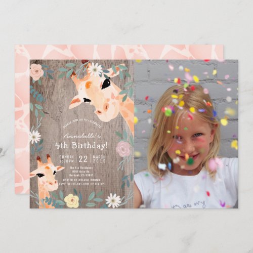 Giraffe Rustic Wood Pink Floral Photo Birthday Invitation