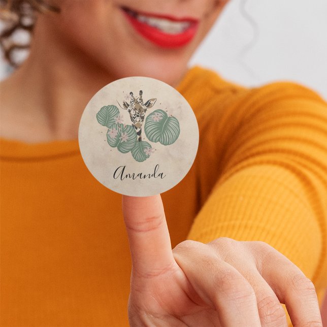 Giraffe Safari Animal Botanical Birthday Classic Round Sticker (Creator Uploaded)