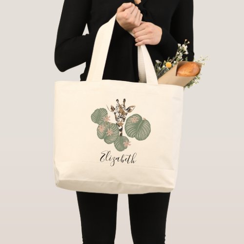 Giraffe Safari Animal Botanical  Large Tote Bag