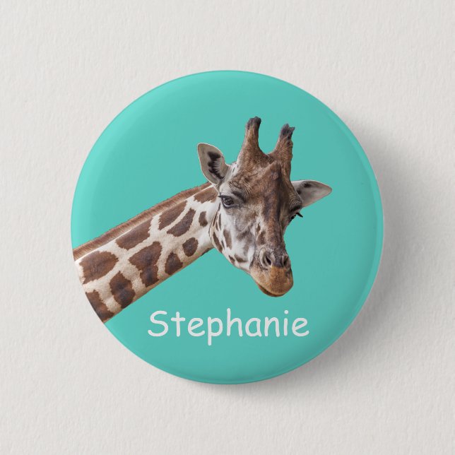 Giraffe Safari Animal on Teal Personalized Name Button (Front)