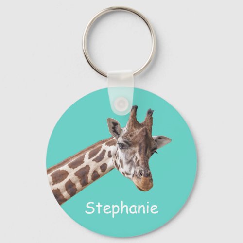 Giraffe Safari Animal on Teal Personalized Name Keychain