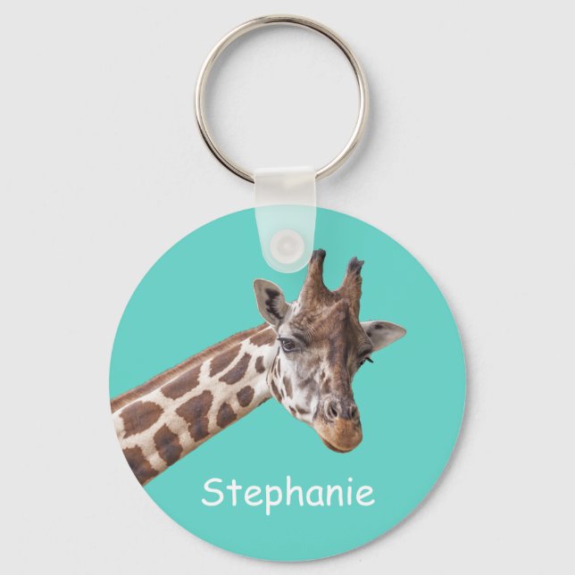Giraffe Safari Animal on Teal Personalized Name Keychain (Front)