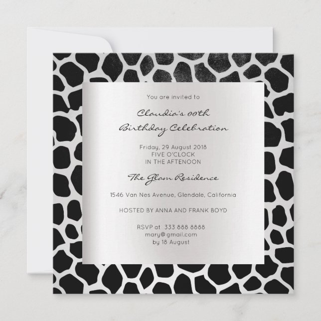 Giraffe Safari Animal Skin Black Silver Birthday Invitation (Front)