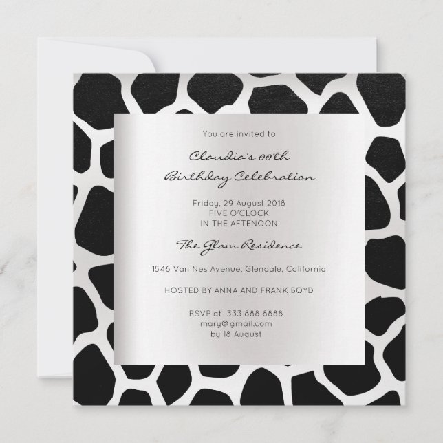 Giraffe Safari Animal Skin Black Silver Birthday Invitation (Front)