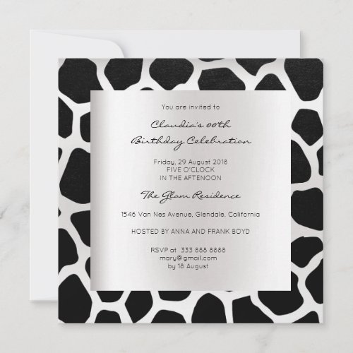 Giraffe Safari Animal Skin Black Silver Birthday Invitation