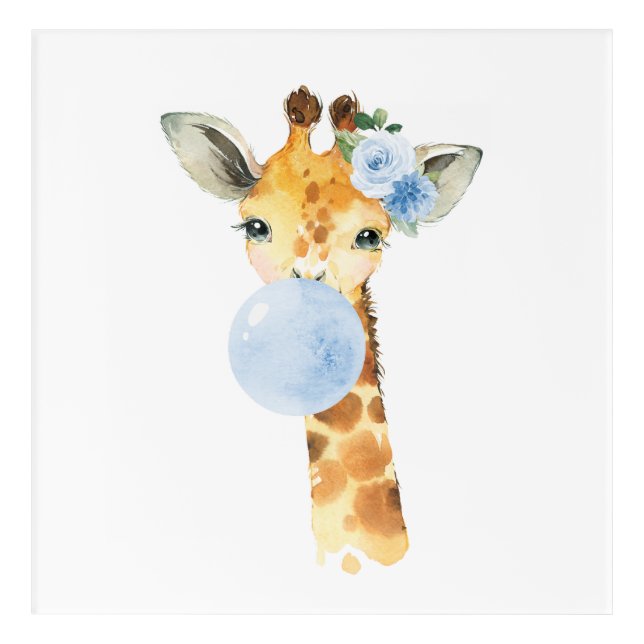 Giraffe, Safari, Blue Bubble Gum, Boy Nursery Acrylic Print (Front)