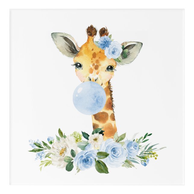 Giraffe, Safari, Blue Bubble Gum, Boy Nursery Acrylic Print (Front)