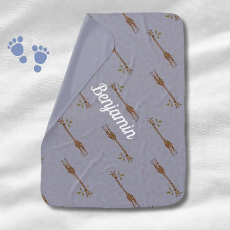 Giraffe Safari Custom Name Blue Boy Baby Blanket