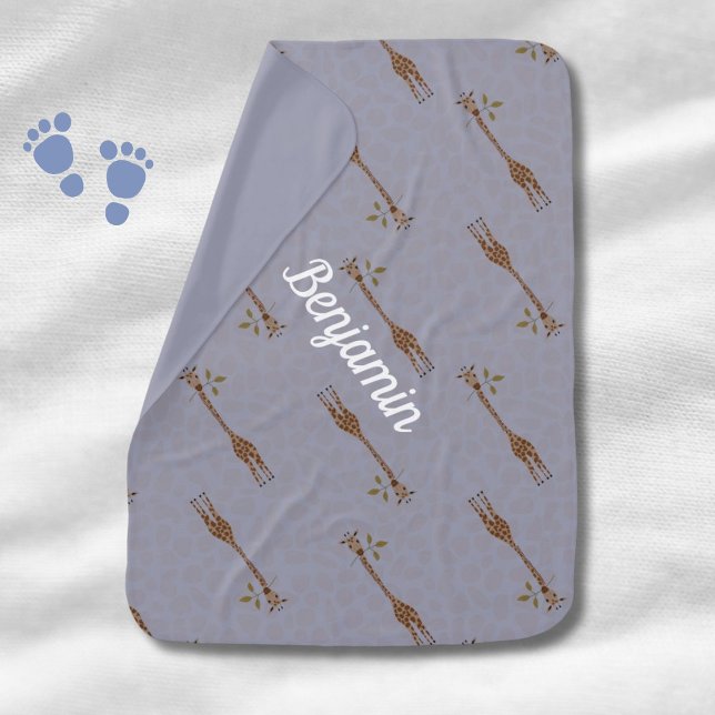 Giraffe Safari Custom Name Blue Boy Baby Blanket (Creator Uploaded)