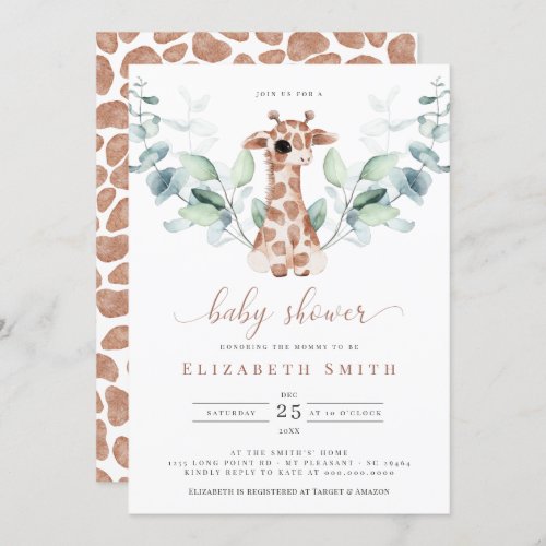 Giraffe Safari Eucalyptus Watercolor Baby Shower Invitation