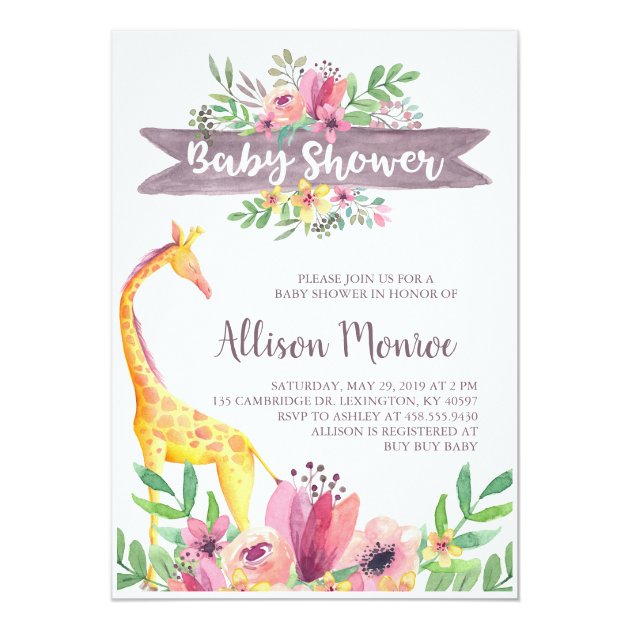 Giraffe Safari Floral Watercolor Baby Shower Invitation