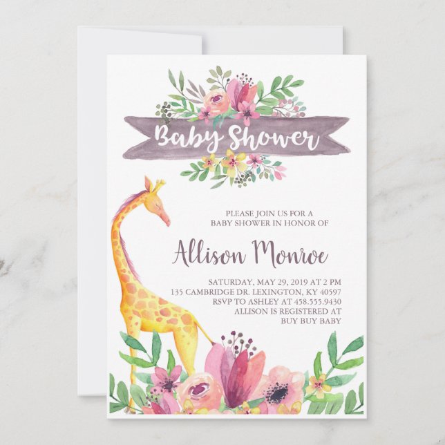 Giraffe Safari Floral Watercolor Baby Shower Invitation (Front)