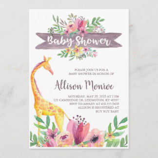 Giraffe Safari Floral Watercolor Baby Shower Invitation