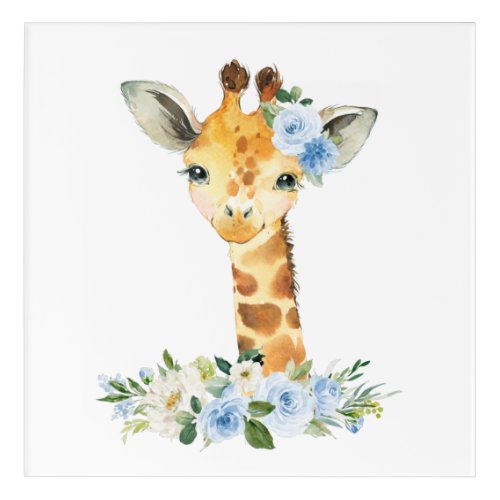 Giraffe Safari Jungle Blue Flowers Boy Nursery Acrylic Print