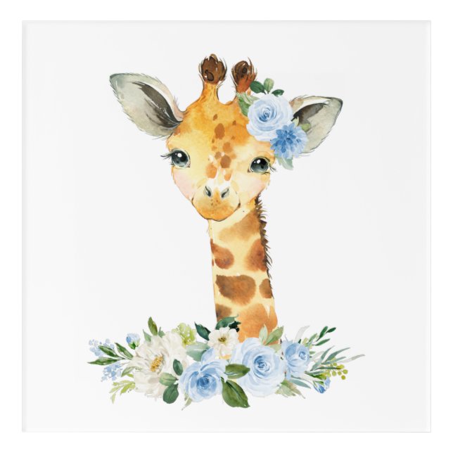 Giraffe, Safari, Jungle, Blue Flowers, Boy Nursery Acrylic Print (Front)