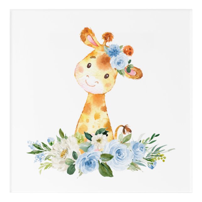 Giraffe, Safari, Jungle, Blue Flowers, Boy Nursery Acrylic Print (Front)