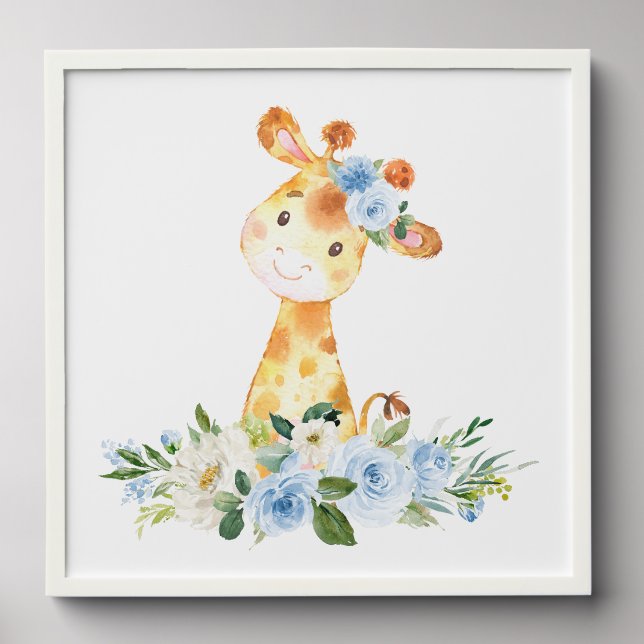 Giraffe, Safari, Jungle, Blue Flowers, Boy Nursery Peel And Stick Photo Tile (Front Set)