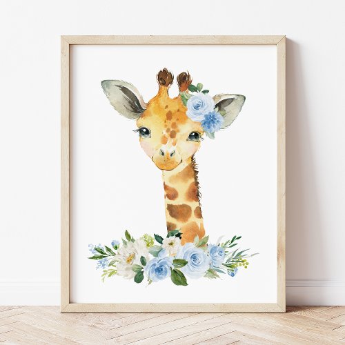 Giraffe Safari Jungle Blue Flowers Boy Nursery Poster