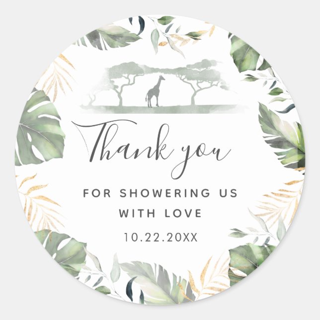 Giraffe Safari Palm Leaves Baby Shower Favor Classic Round Sticker (Front)