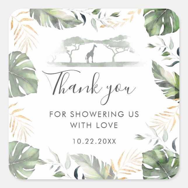 Giraffe Safari Palm Leaves Baby Shower Favor Square Sticker (Front)