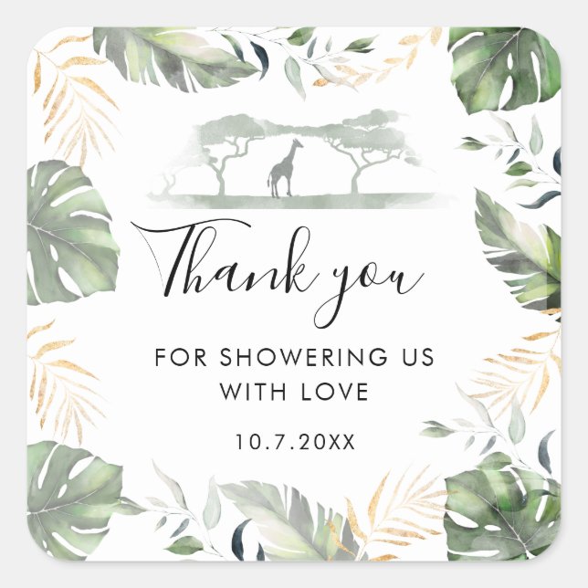 Giraffe Safari Palms Baby Shower Favor Square Sticker (Front)