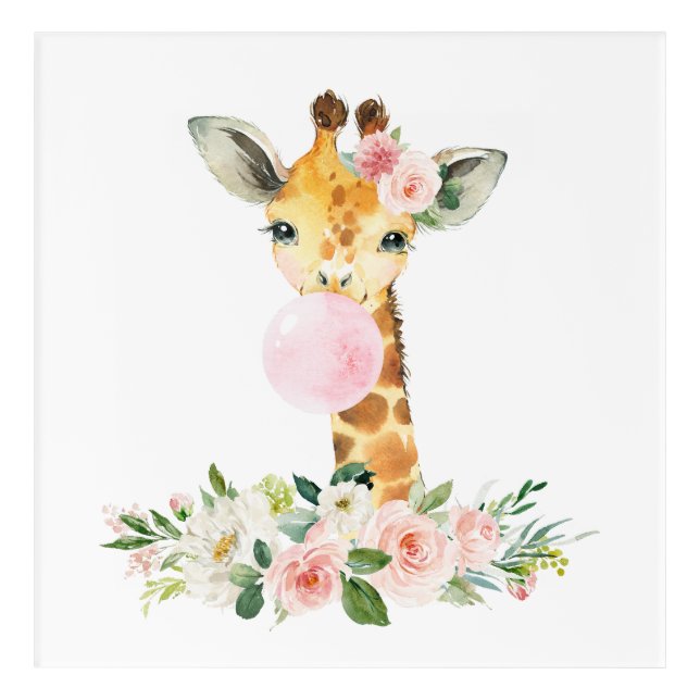 Giraffe, Safari, Pink Bubble Gum, Girl Nursery Acrylic Print (Front)