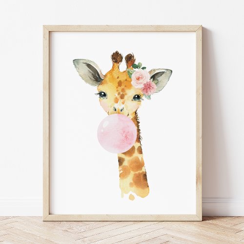 Giraffe Safari Pink Bubble Gum Girl Nursery Poster