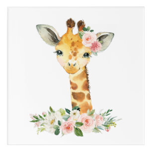 Giraffe, Safari, Pink Flowers, Girl Nursery Acrylic Print