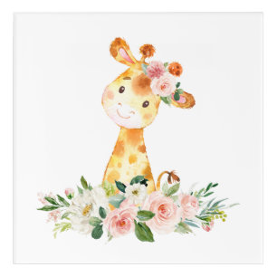 Giraffe, Safari, Pink Flowers, Girl Nursery Acrylic Print