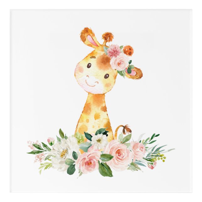 Giraffe, Safari, Pink Flowers, Girl Nursery Acrylic Print (Front)