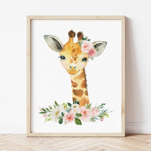 Giraffe Safari Pink Flowers Girl Nursery Poster
