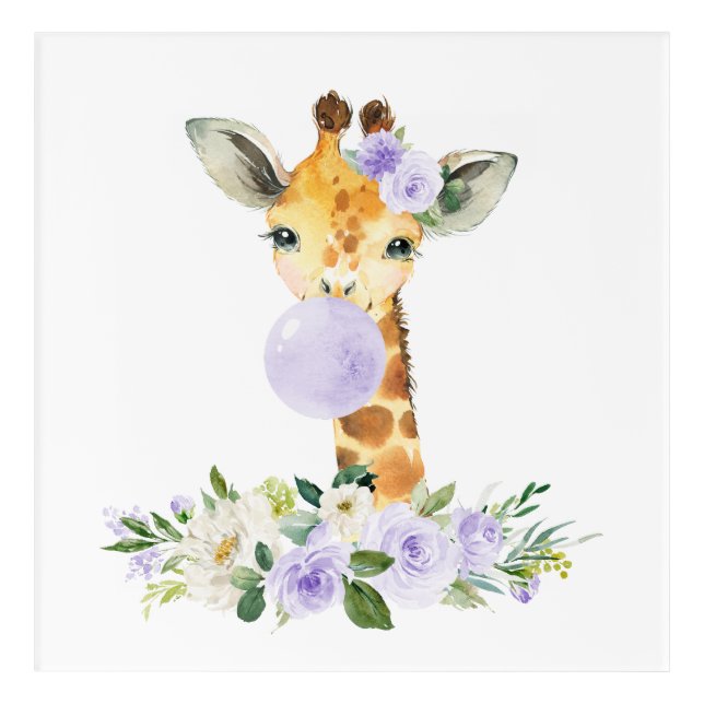 Giraffe, Safari, Purple Bubble Gum, Gender Neutral Acrylic Print (Front)