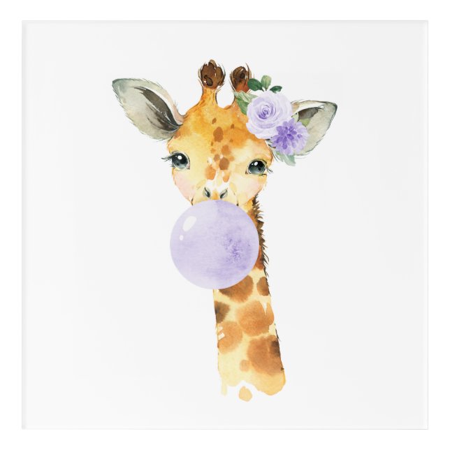 Giraffe, Safari, Purple Bubble Gum, Gender Neutral Acrylic Print (Front)